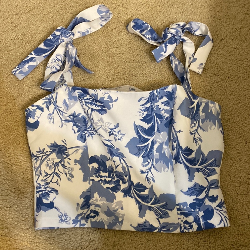 Blue floral tie up top